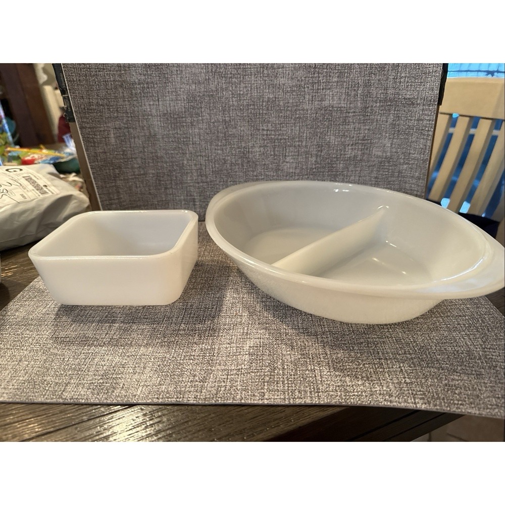 Glasbake Milk Glass Divided Dish & Small Loaf Pan J258 Vintage USA Ovenware